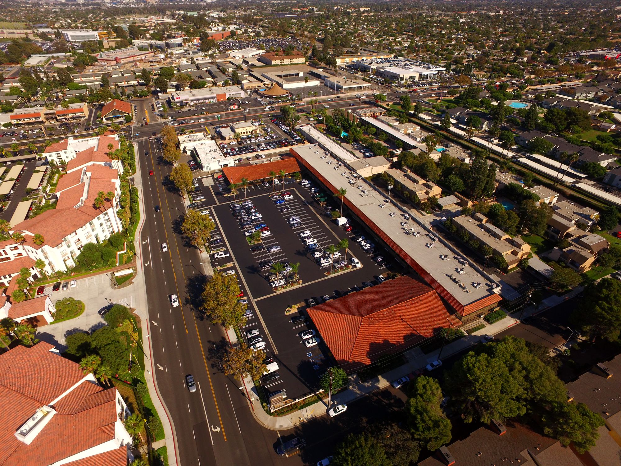 Aerial view of Mesa Verde Plaza and the surrounding Costa Mesa Westside neighborhood