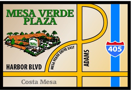 Illustrated map showing Mesa Verde Plaza at the intersection of Mesa Verde Drive East, Harbor Boulevard, and Adams Avenue, near the 405 freeway
